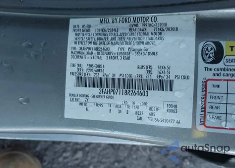 2008 Ford Fusion Se z USA, uszkodzony, nr VIN 3FAHP07118R264603